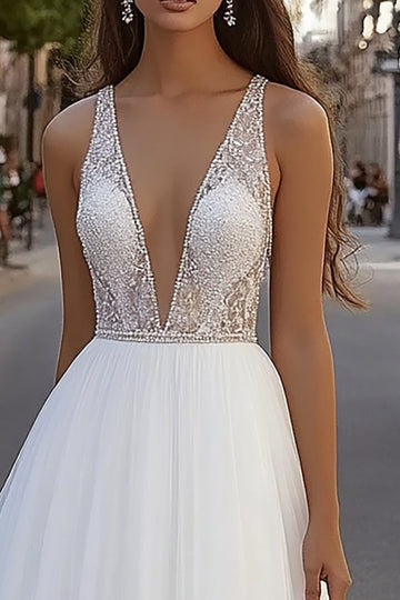 Deep V Neck Lace Tulle Ivory A Line Wedding Dress